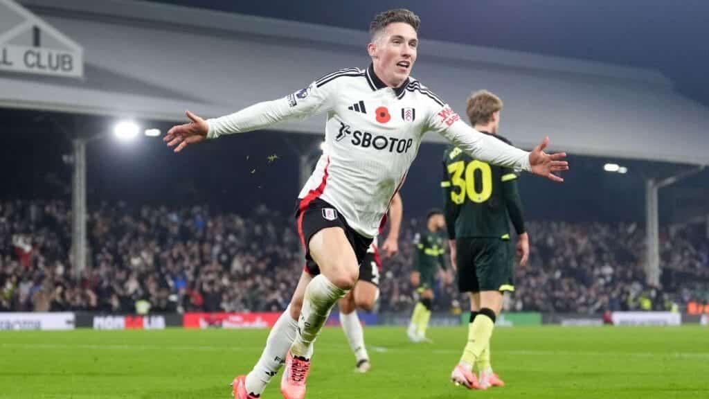 Fulham winger Harry Wilson celebrates scoring a goal at Craven Cottage