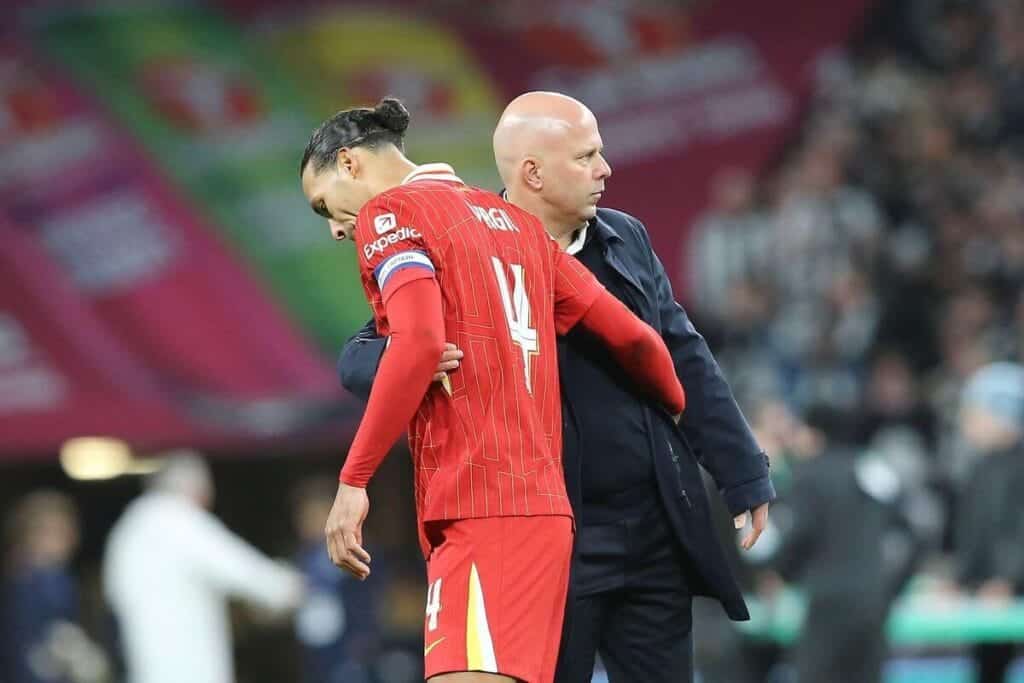 Arne Slot and Virgil van Dijk of Liverpool Football Club