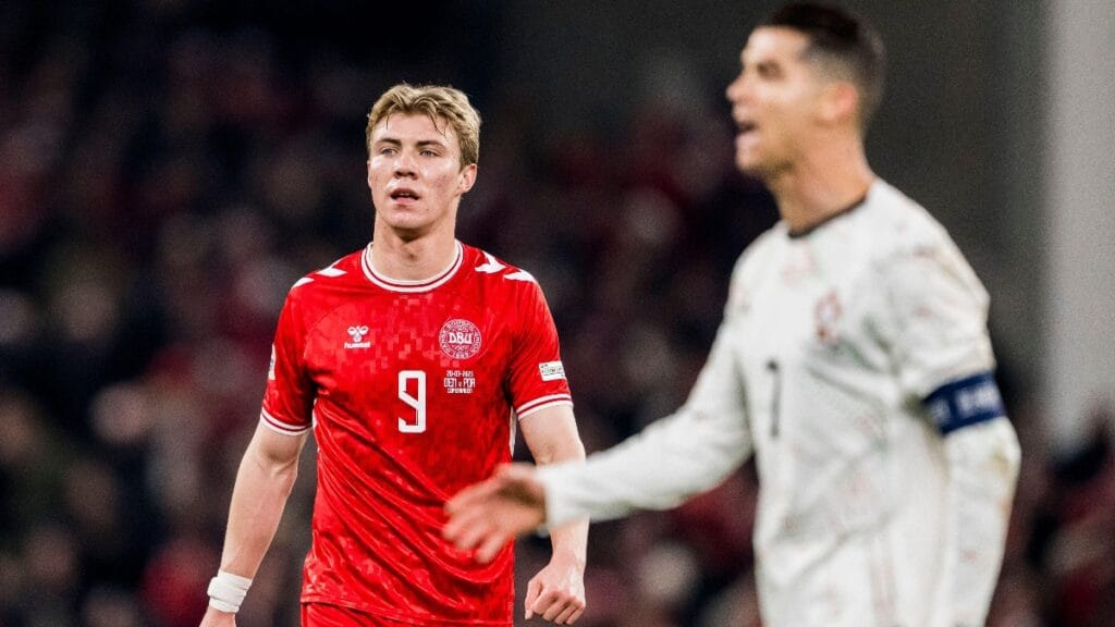 Rasmus Hojlund playing football for Denmark
