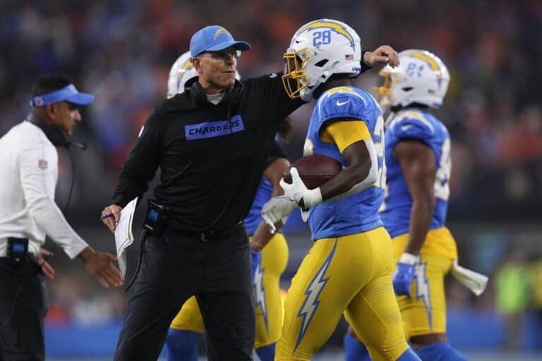 NFL: Chargers Jim Harbaugh Celebrates Playoff-Clinching Win Over Patriots