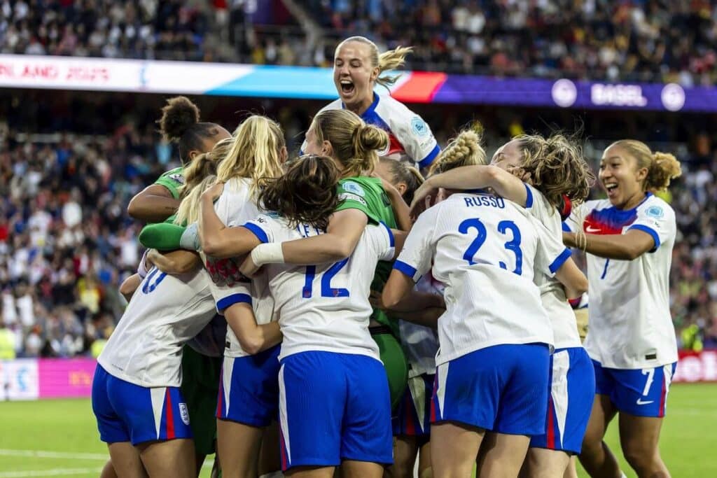 The England Women Lionesses football team celebrate winning Uefa Euro 2025