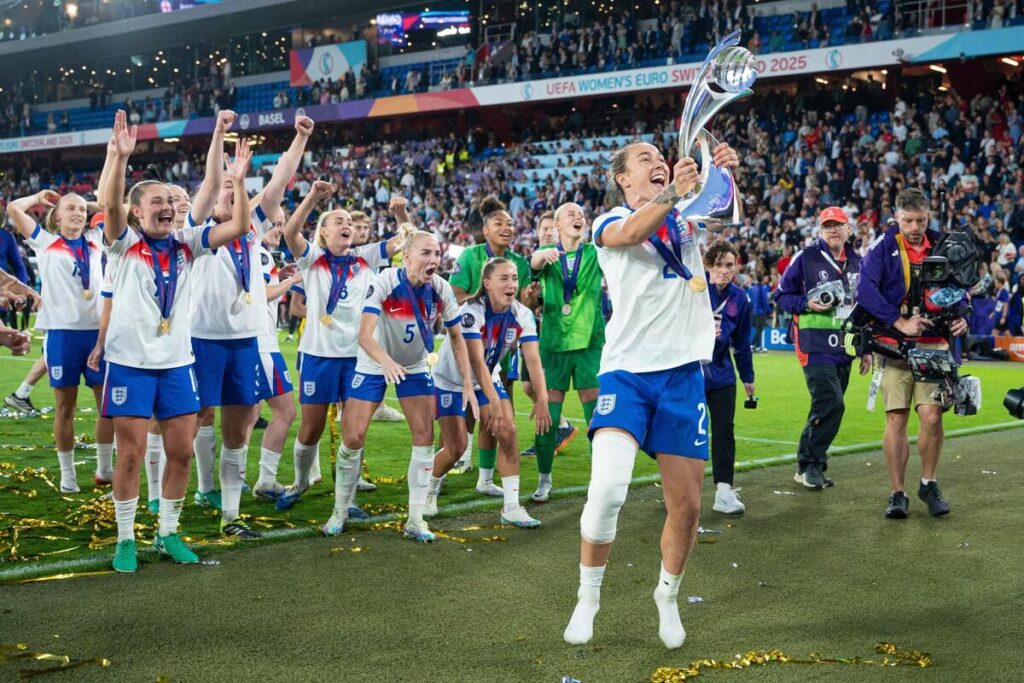 Football player Lucy Bronze celebrates England winning Women's Euro 2025