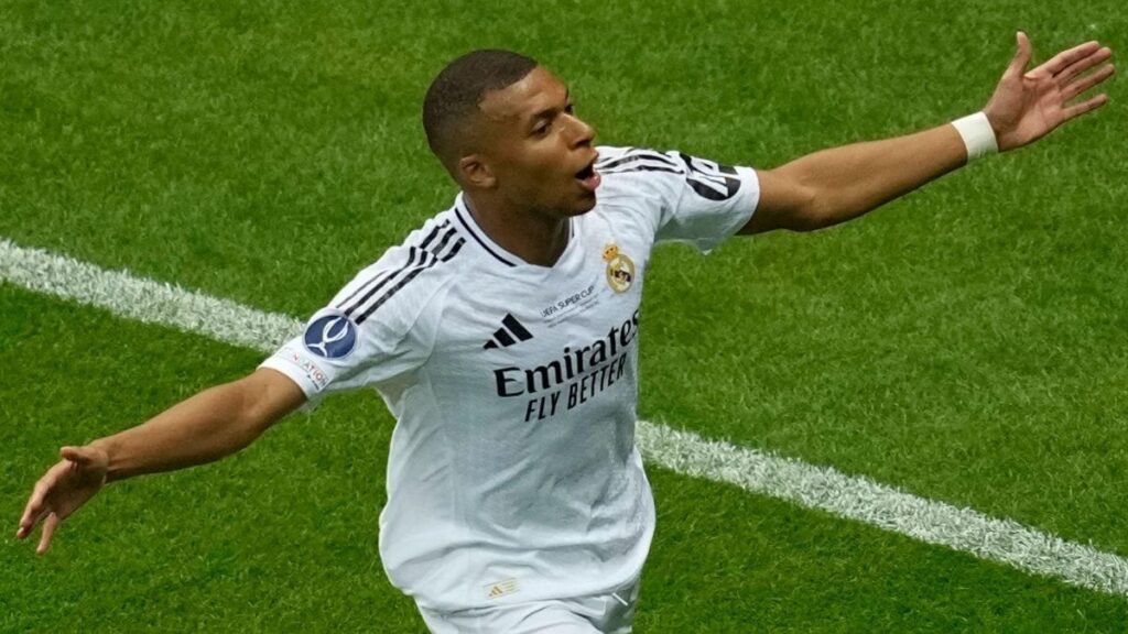 Footballer Kylian Mbappe playing football for Real Madrid