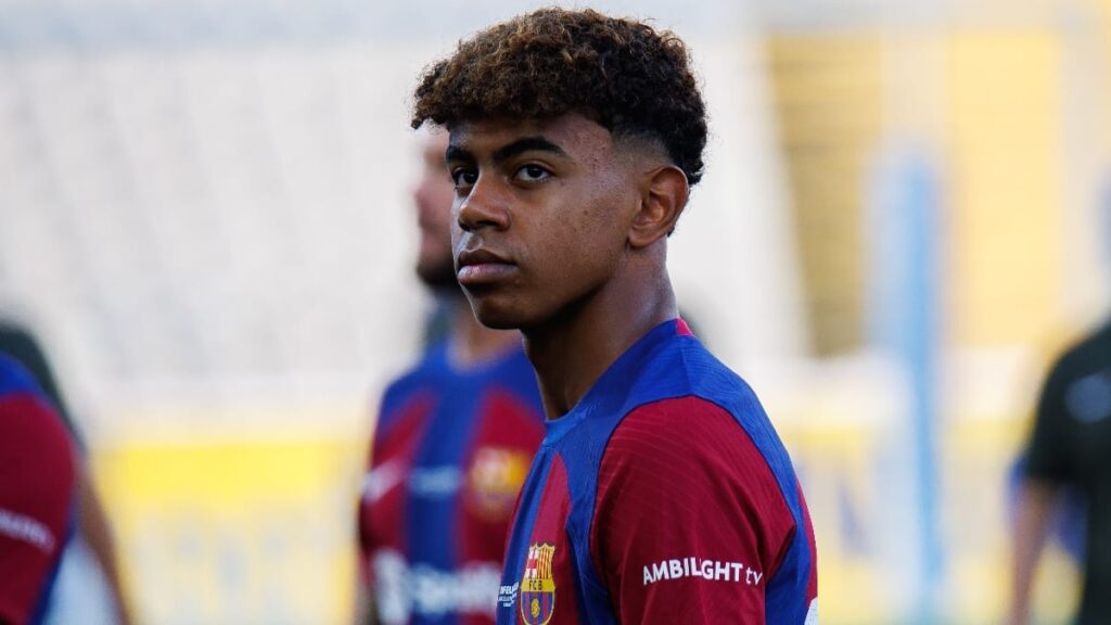 Spain footballer Lamine Yamal playing football for Barcelona