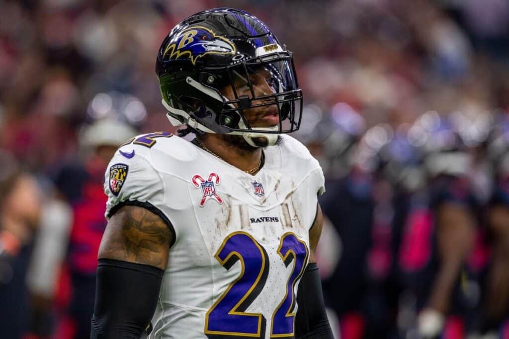 Baltimore Ravens running back Derrick Henry stands during a game.