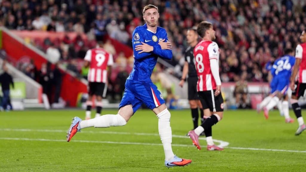 Chelsea forward Cole Palmer celebrates scoring against Brentford in the Premier League