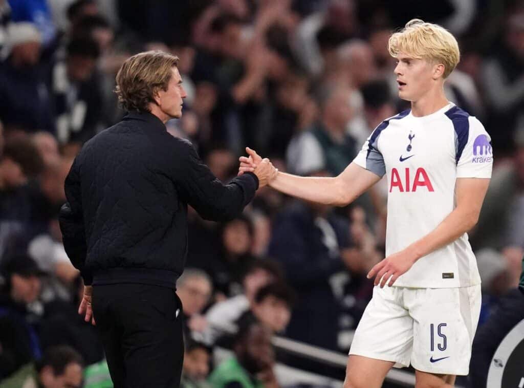 Tottenham Hotspur Football Club manager Thomas Frank and player Lucas Bergvall