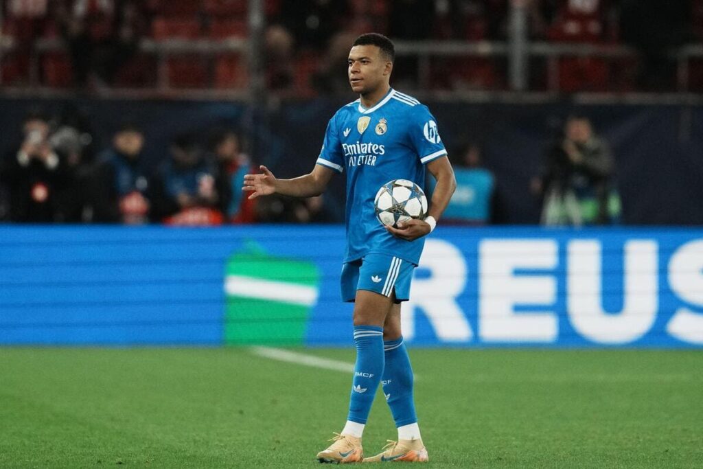 Footballer Kylian Mbappe playing football for Real Madrid