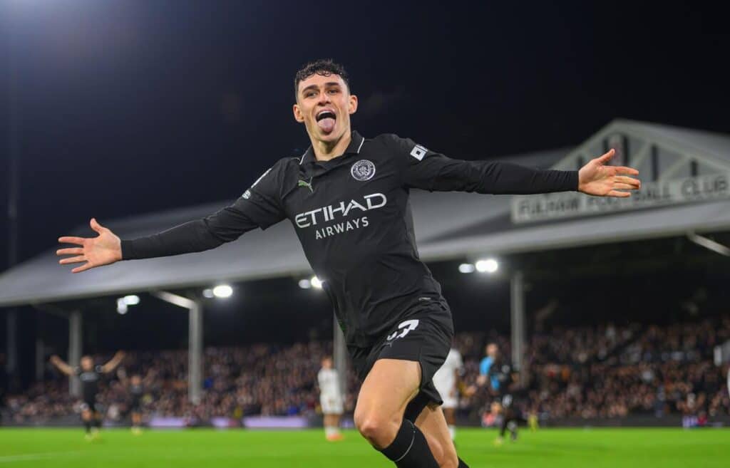 Phil Foden celebrates scoring for Manchester City at Fulham