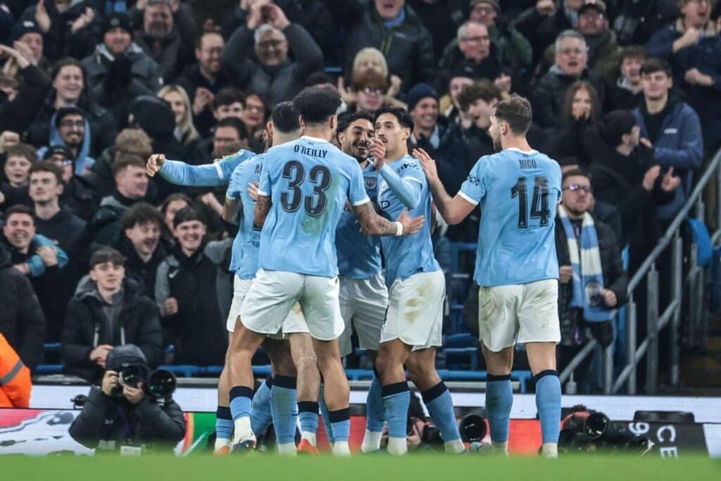 Manchester City celebrate an Omar Marmoush goal