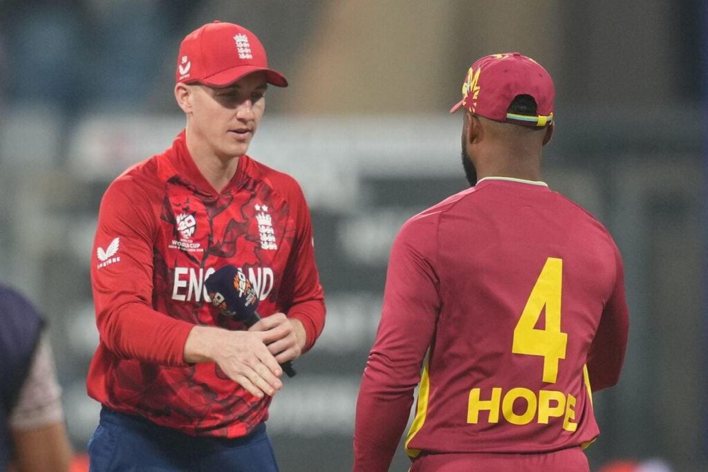 England captain Harry Brook shakes hands with West Indies skipper Shai Hope.