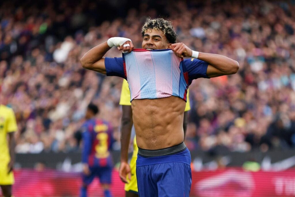 Lamine Yamal celebrates a goal for Barcelona