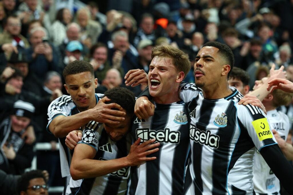 Harvey Barnes celebrates his goal for Newcastle against Barcelona.