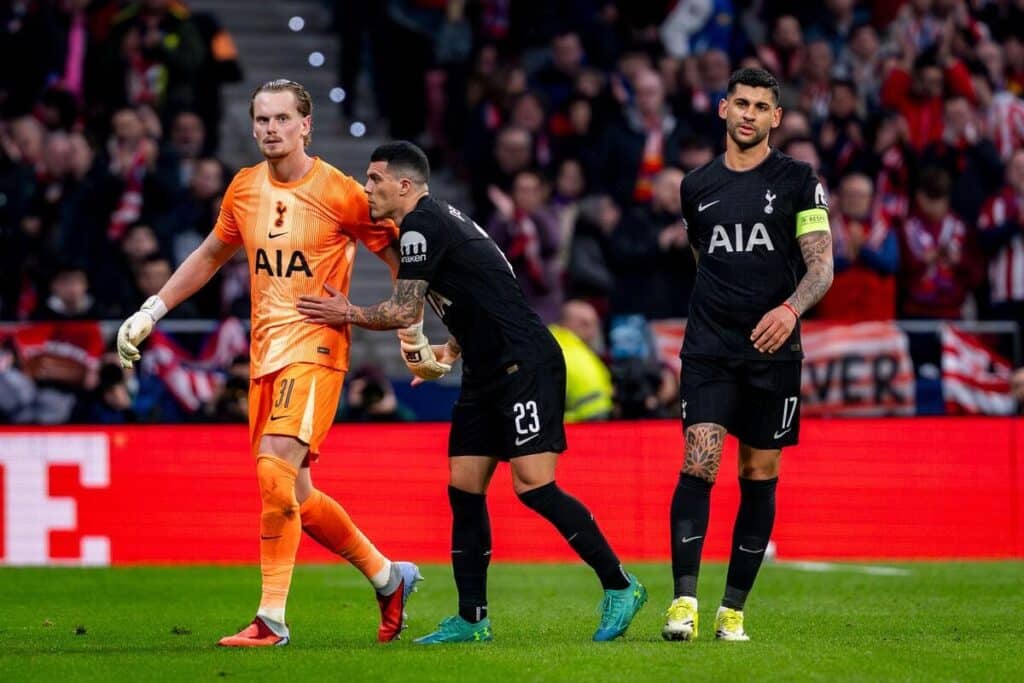 Tottenham goalkeeper Antonin Kinsky is taken off after 17 minutes at Atletico Madrid last night
