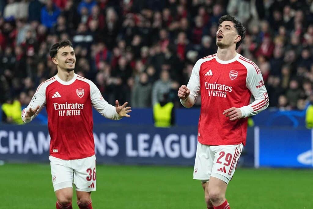 Arsenal's Kai Havertz reacts after scoring a penalty