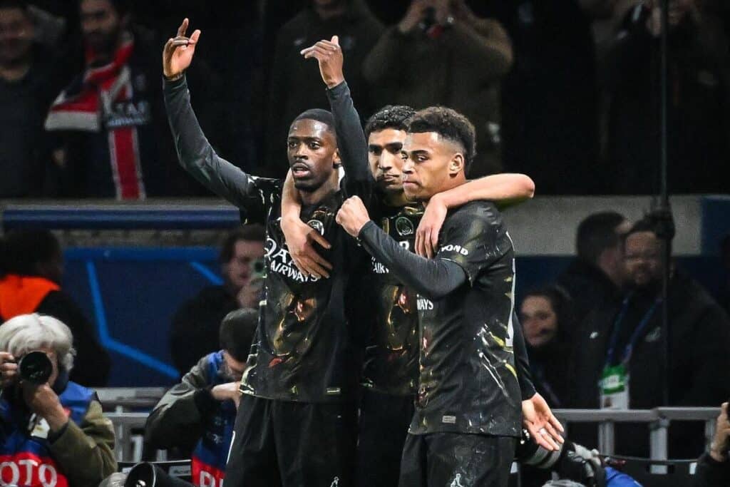 Ousmane Dembele celebrates scoring for PSG against Chelsea