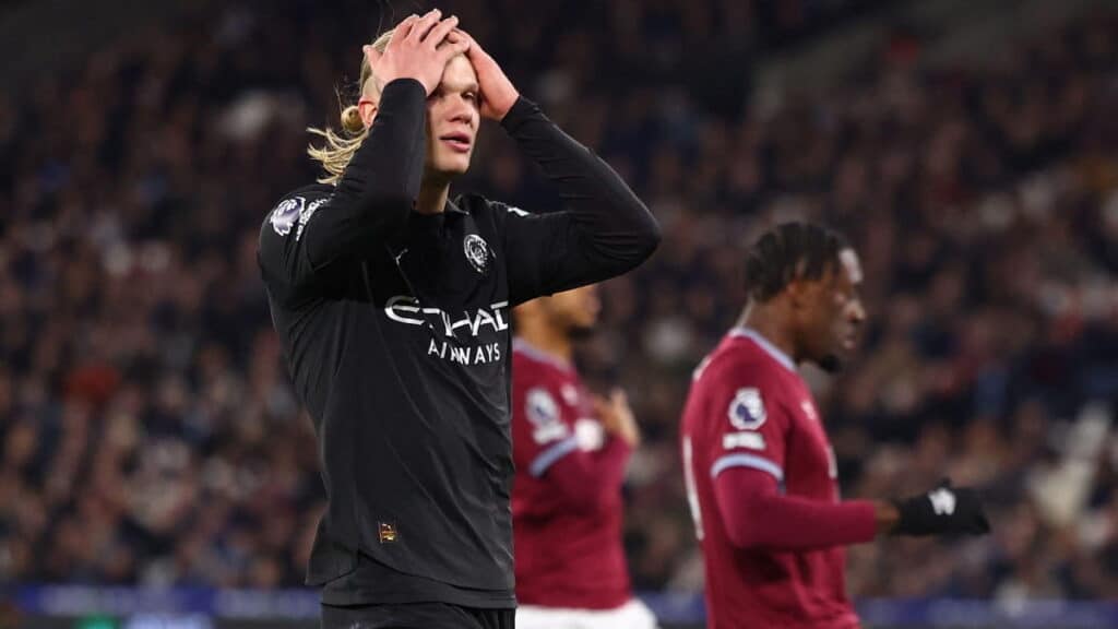 Erling Haaland reacts after missing a chance for Manchester City