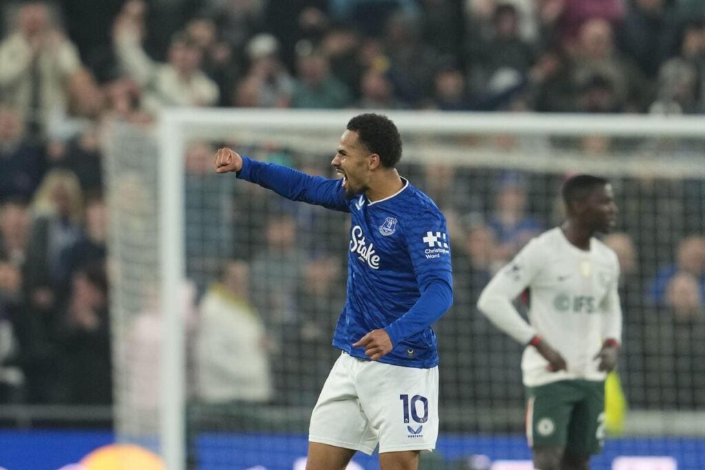 Illiman Ndiaye celebrates scoring for Everton against Chelsea.