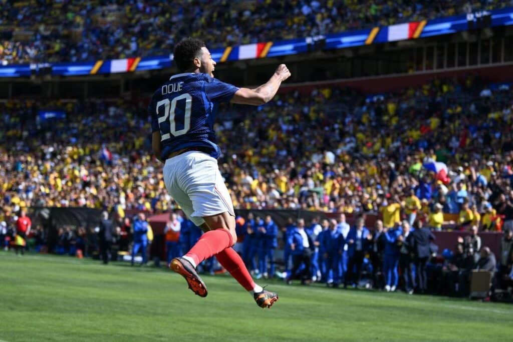 Desire Doue celebrates scoring for France