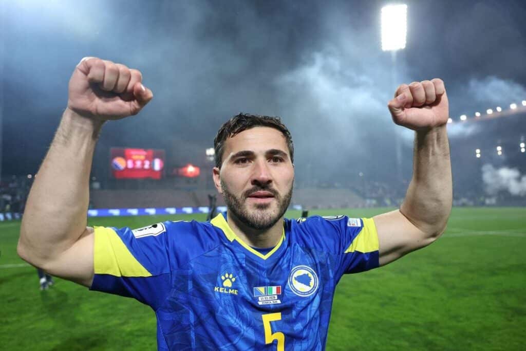 Bosnia-Herzegovina's Saed Kolasinac celebrates beating Italy on penalties.