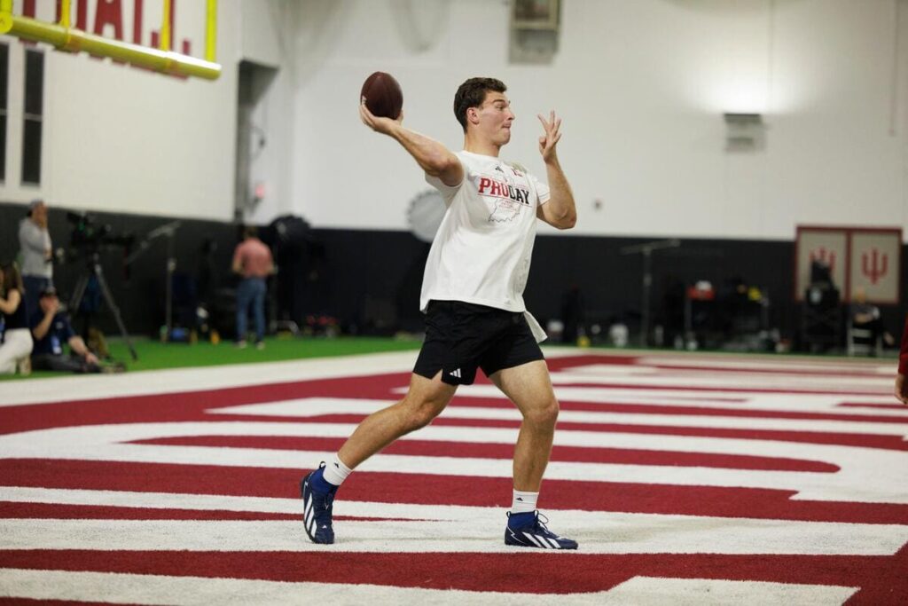 Fernando Mendoza takes part in his pro day at Indiana. He is set to be drafted by the Raiders.