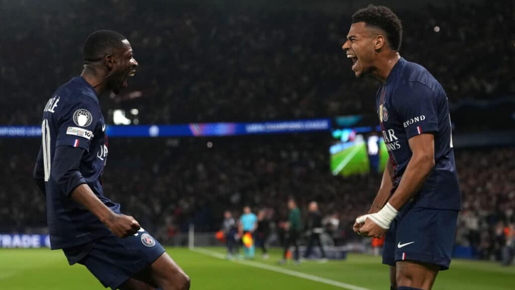 Paris Saint-Germain celebrate scoring against Liverpool
