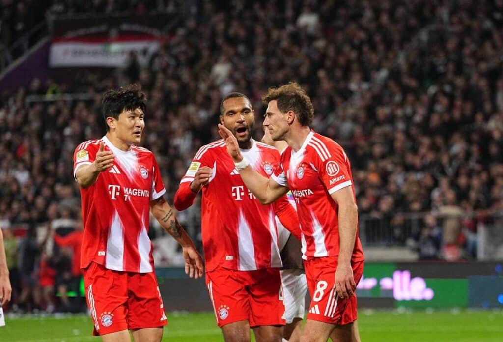 Leon Goretza celebrates scoring a record-breaking goal for Bayern Munich