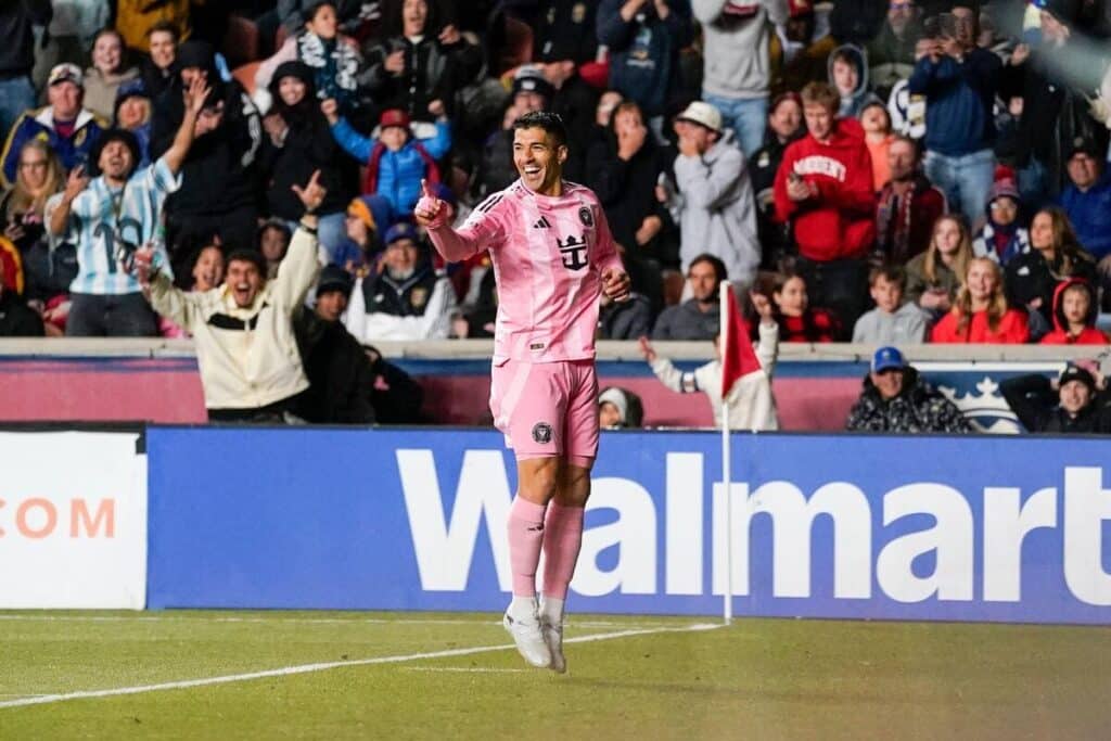 Inter Miami striker Luis Suárez celebrates his goal against Real Salt Lake